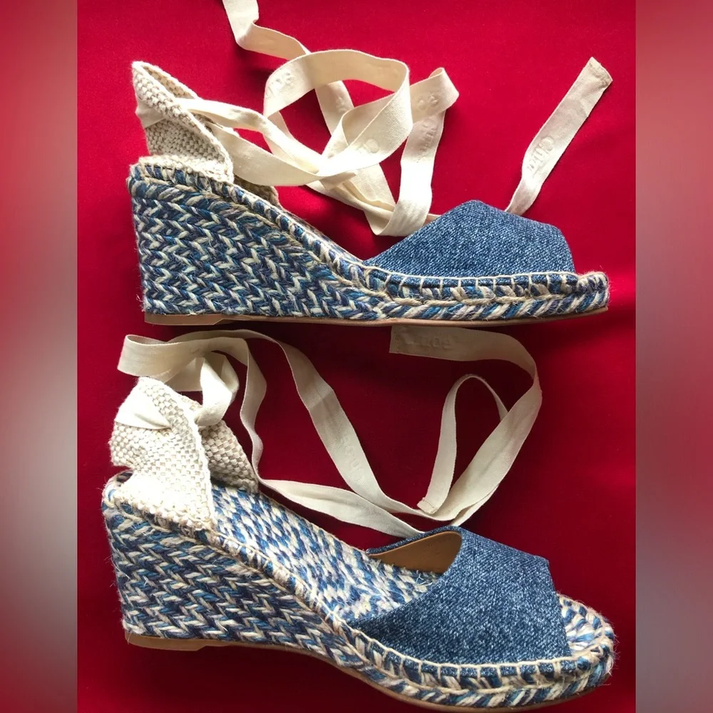 Chloe Blue Denim Espadrille Wedge Sandals with Cream Ankle Ties